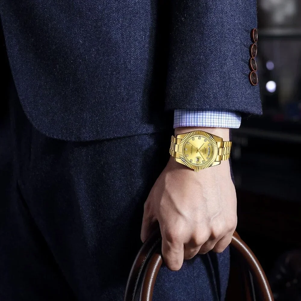 Men's Gold Stainless Steel Analog Classic Design Stylish Wrist Dress Watch